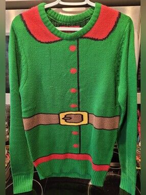 Green Holiday Elf Crewneck Sweater with Decorative Belt - Christmas